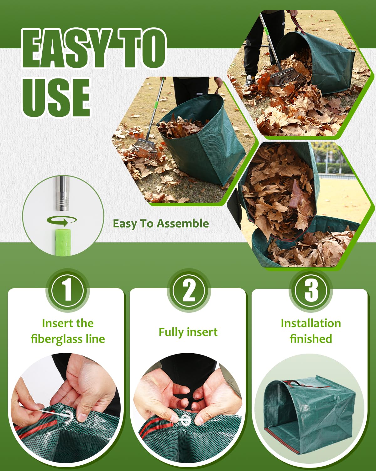 Joyhalo yard work in action with ergonomic rake and bag.
