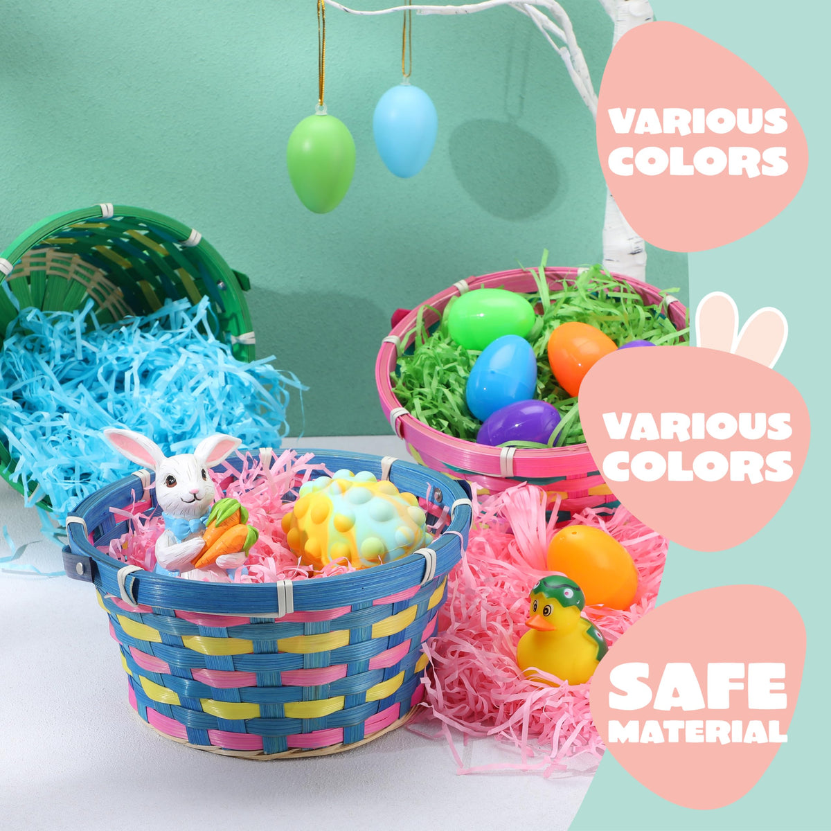 The JOYIN Easter basket with grass shreds inside adds festive decoration.