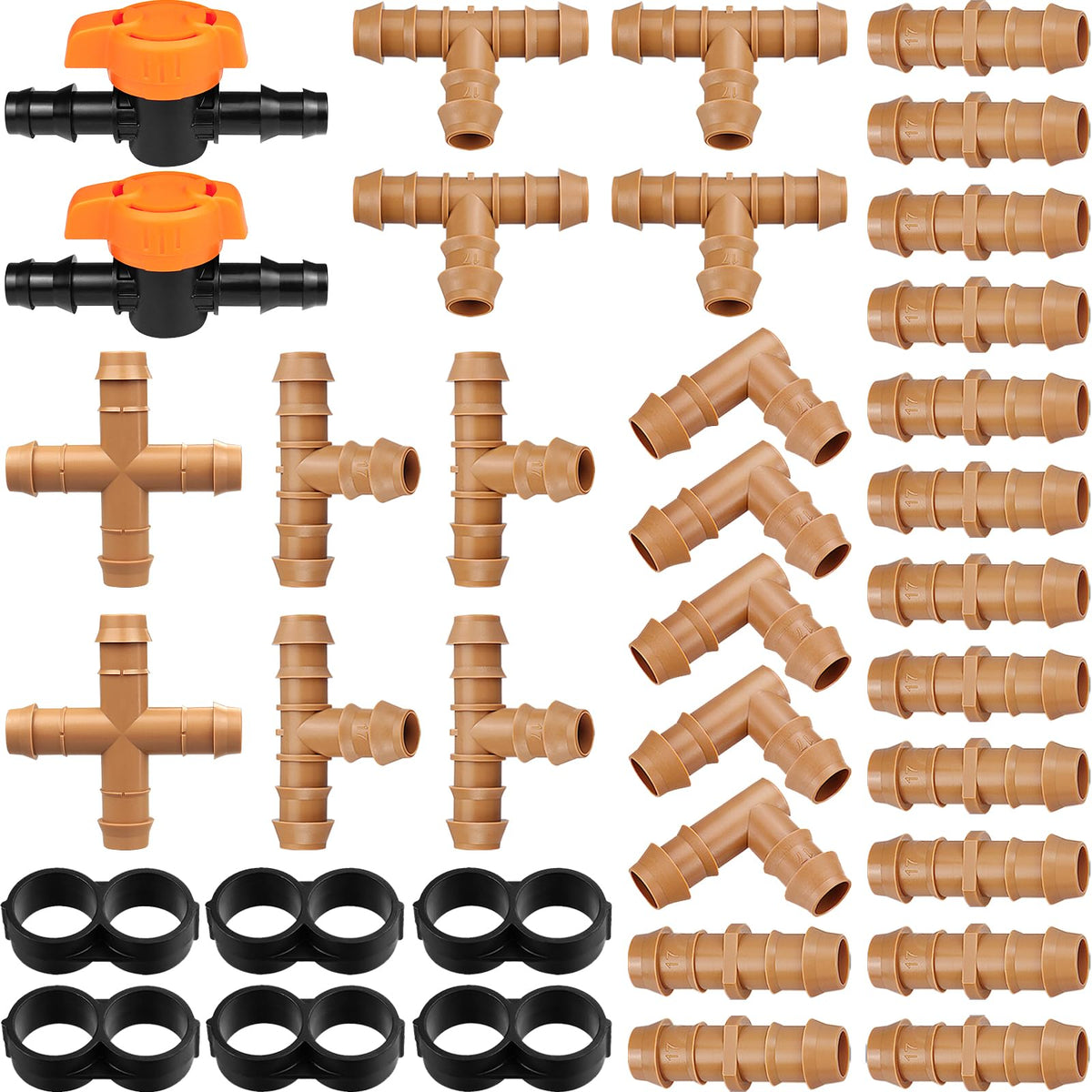 JoyPRO drip fittings with 14 couplings ensure secure 1/2 inch tubing connections.