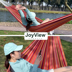 JoyView blue stripe design hammock adds vibrant outdoor style.