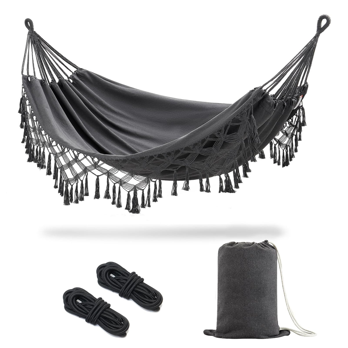 JoyView boho macrame double hammock setup for cozy outdoor lounging