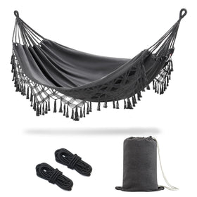 JoyView boho macrame double hammock setup for cozy outdoor lounging