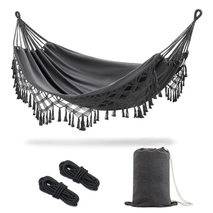 JoyView boho macrame double hammock setup for cozy outdoor lounging