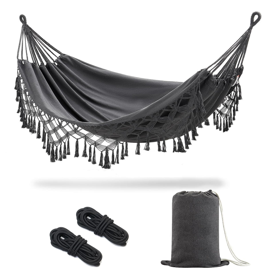 JoyView boho macrame double hammock setup for cozy outdoor lounging