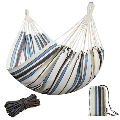 JoyView Brazilian double hammock in blue white stripes ready for patio lounging