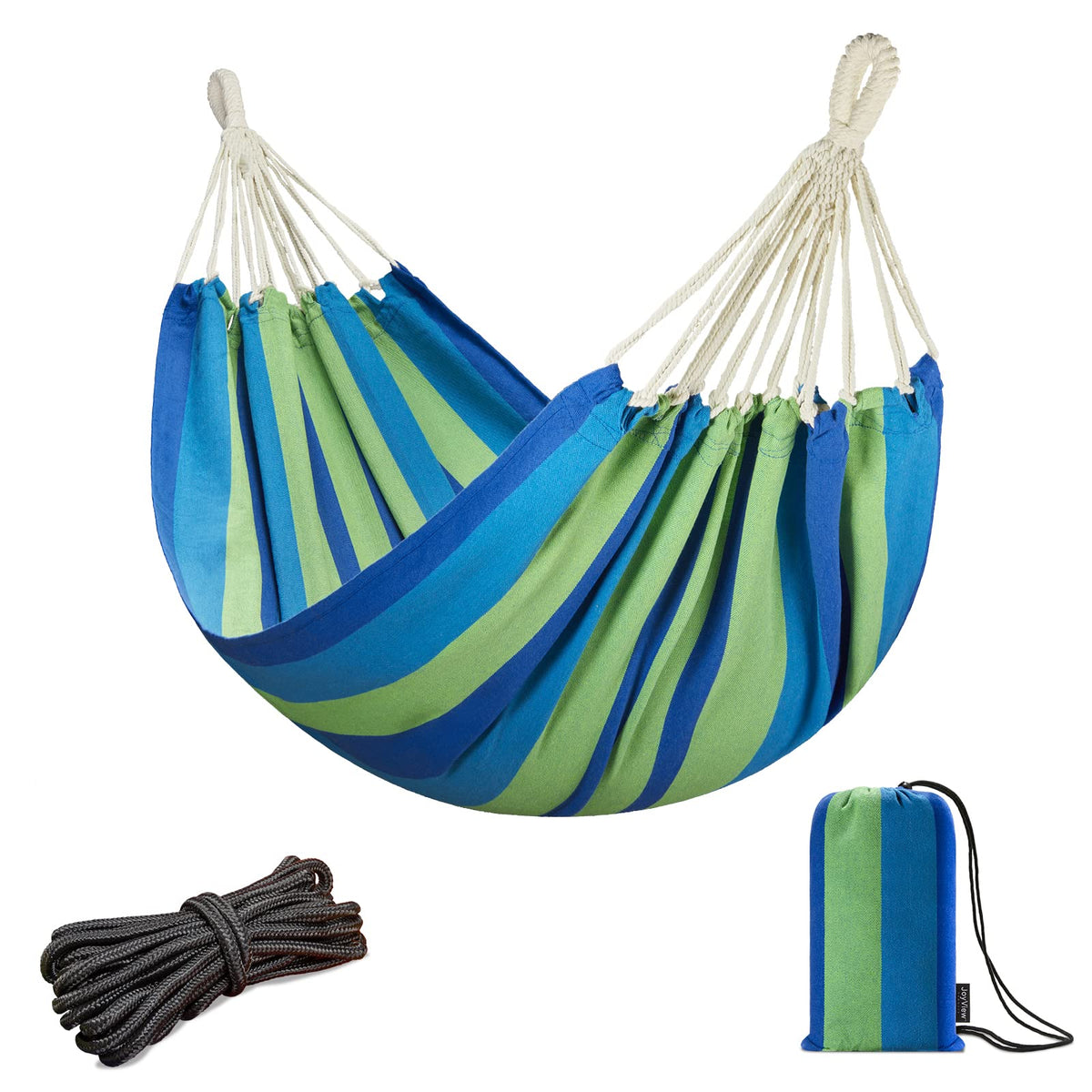 JoyView Brazilian hammock blue stripes with portable carry bag for easy outdoor setup.