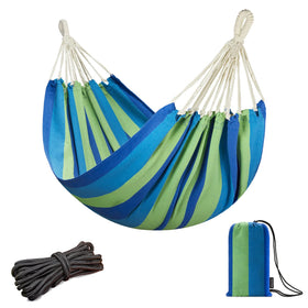 JoyView Brazilian hammock blue stripes with portable carry bag for easy outdoor setup.