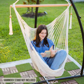 JoyView Caribbean rope hammock chair highlights long length for relaxed seating