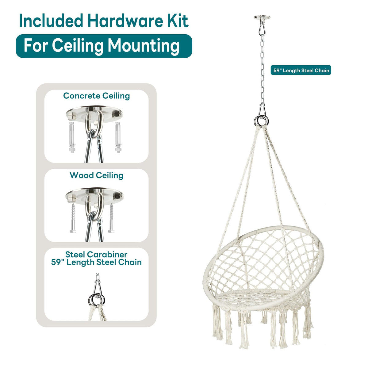 JoyView hanging kit detail featuring ceiling mount, chain, and hardware for secure installation