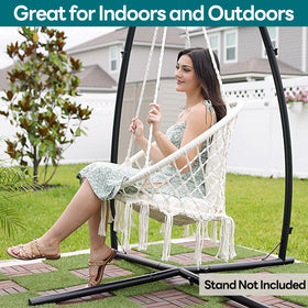 JoyView hammock chair backrest detail with beige tassels.