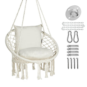 JoyView macrame hammock chair front view with beige tassels and inviting seating for indoor or outdoor lounging