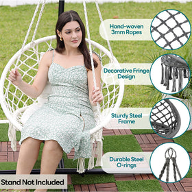 JoyView macrame hammock chair on outdoor patio with sturdy frame.