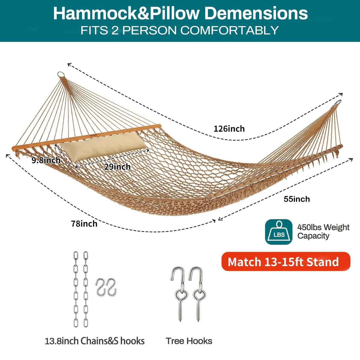JoyView rope hammock pillow detaches for enhanced comfort outdoors.