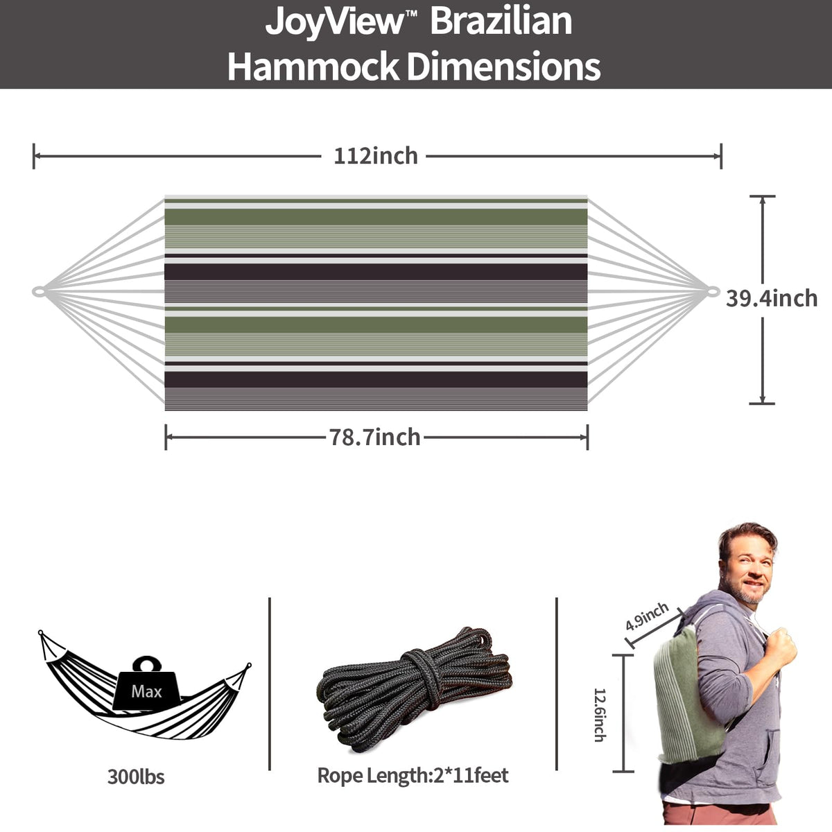 JoyView single hammock bed showing 78.7 inches for solo lounging outdoors