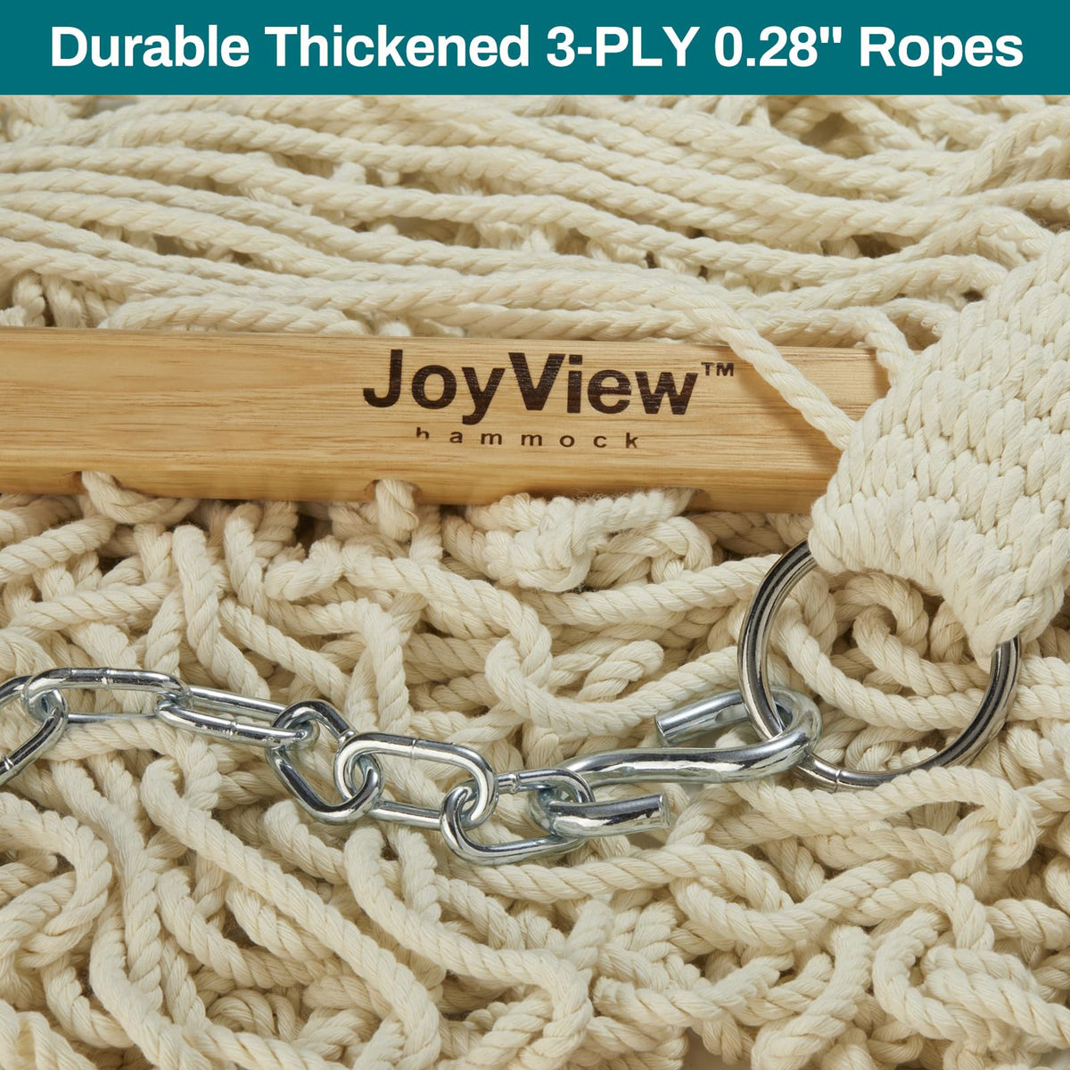 JoyView weather-resistant finish on spreader bar protects ropes.
