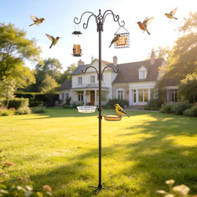 JOYWINK 83-inch bird feeding station with multiple hooks in a garden for diverse feeders
