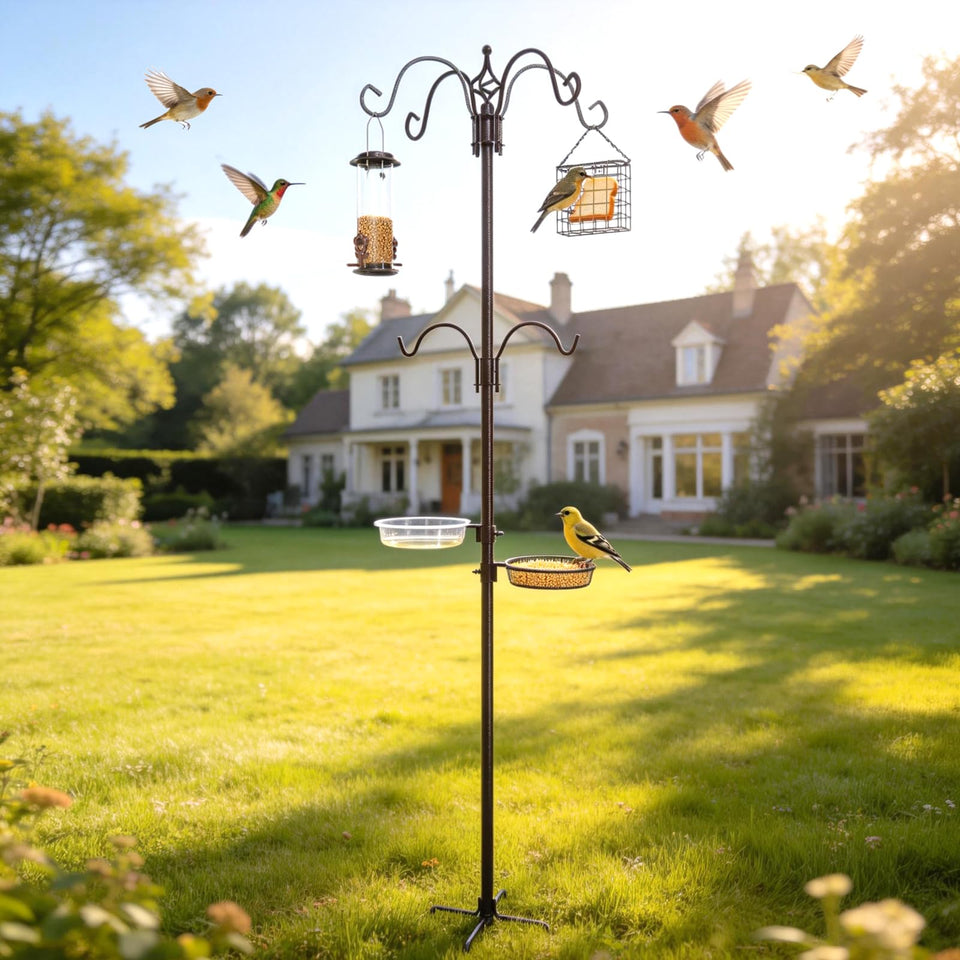 JOYWINK 83-inch bird feeding station with multiple hooks in a garden for diverse feeders