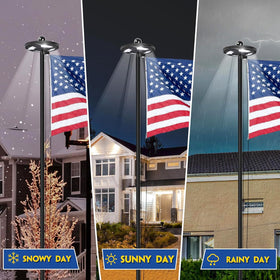 JPorton 128 LED solar light illuminates flags at night.