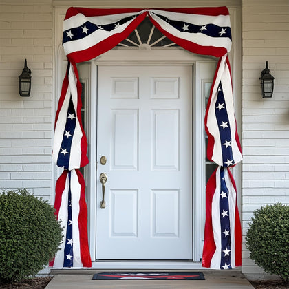 JPXH patriotic bunting banner 20ft with 250 stars decorates the front door.