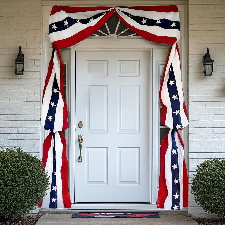 JPXH patriotic bunting banner 20ft with 250 stars decorates the front door.