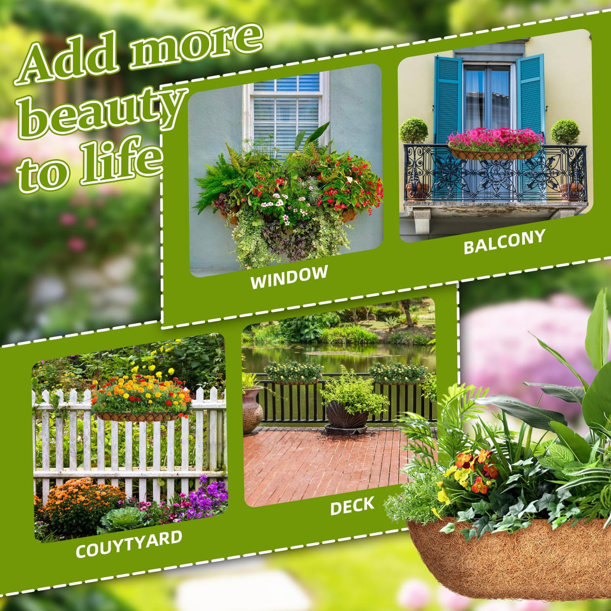 JQUZPCV coconut coir liner for window boxes adds rustic texture and airflow.