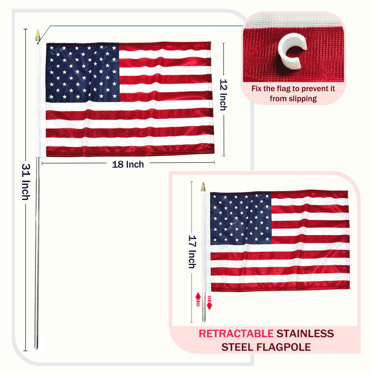 JRED handheld flag with retractable pole and spear top for waving