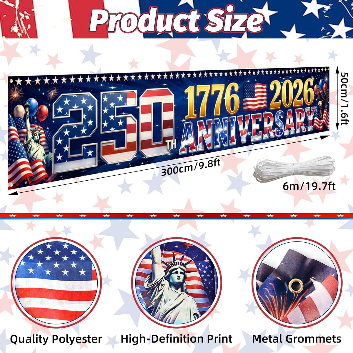 Jremreo 250-years stars and stripes banner for patriotic home or event display.