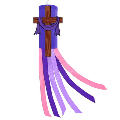 Jremreo 40-inch Easter cross windsock with purple streamers for outdoor display