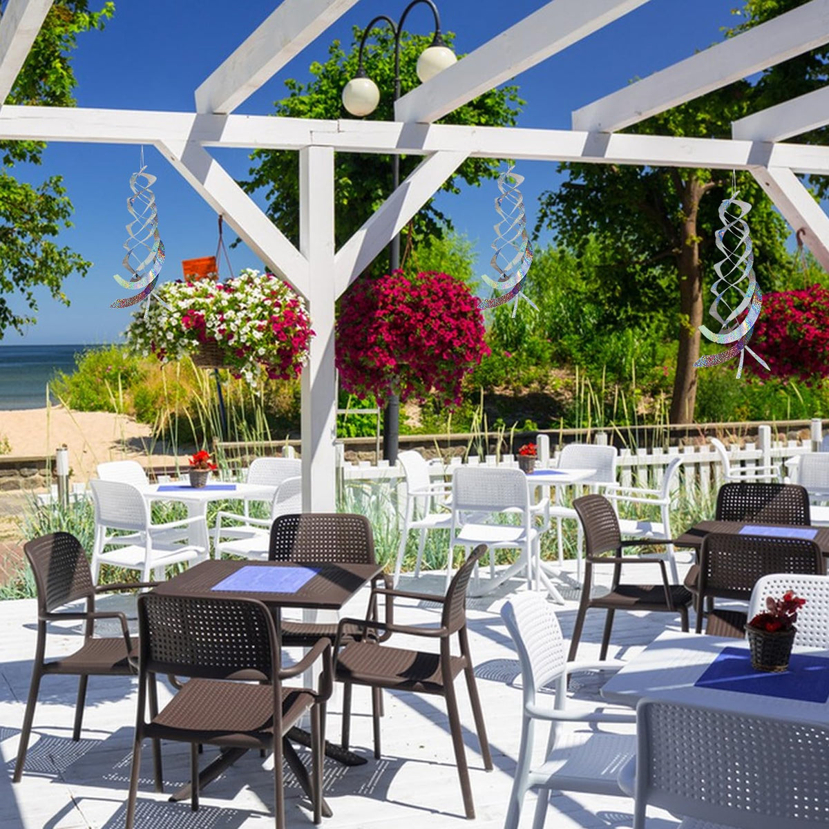 Jremreo spiral reflectors for patio and lawn protection and charm.
