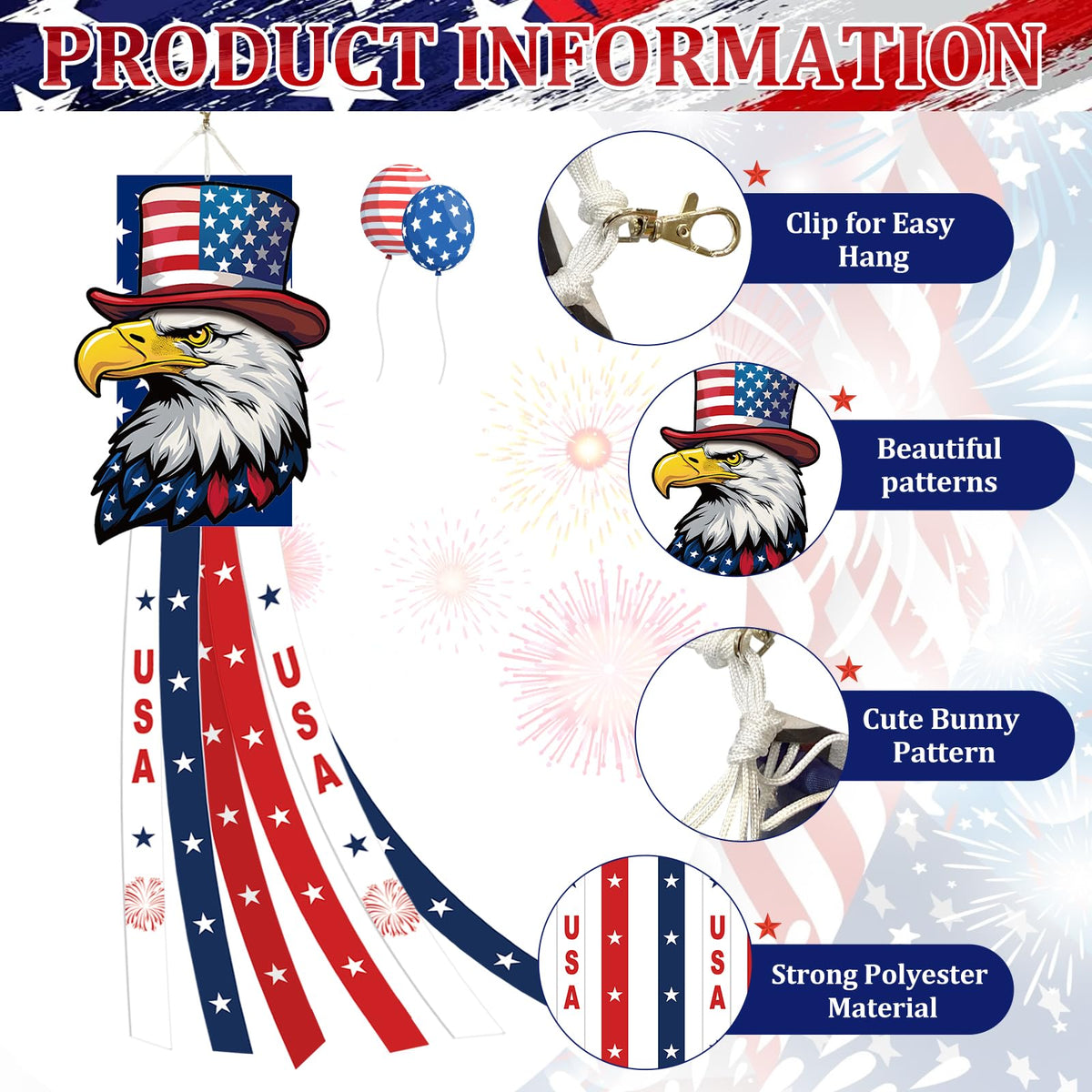 Jremreo USA Eagle Windsock features red-white-blue streamers for festive motion