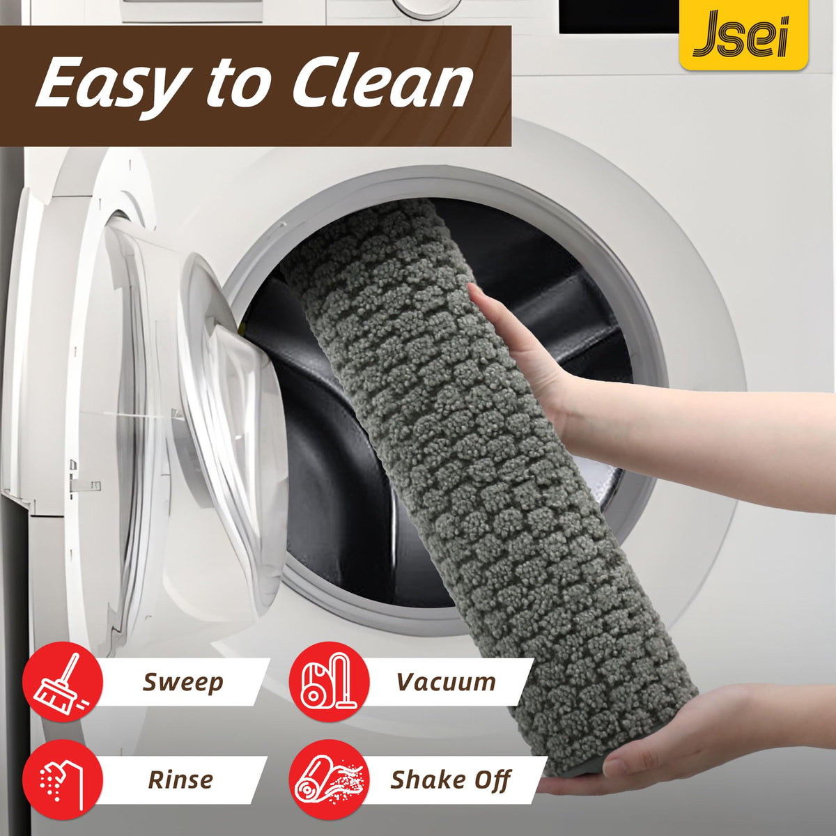 JSEI Dirt Trapper mat care instructions for machine washing.