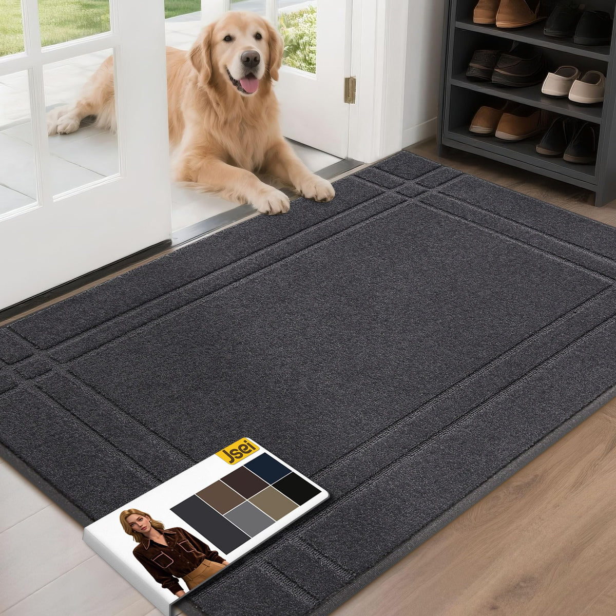 JSEI Entryway Rugs with dirt-scrape texture reduces tracked dirt at the doorway.