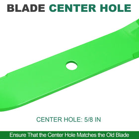 JSXDNWYJ mulching blades close-up showing 18.75 by 2.25 inch dimensions
