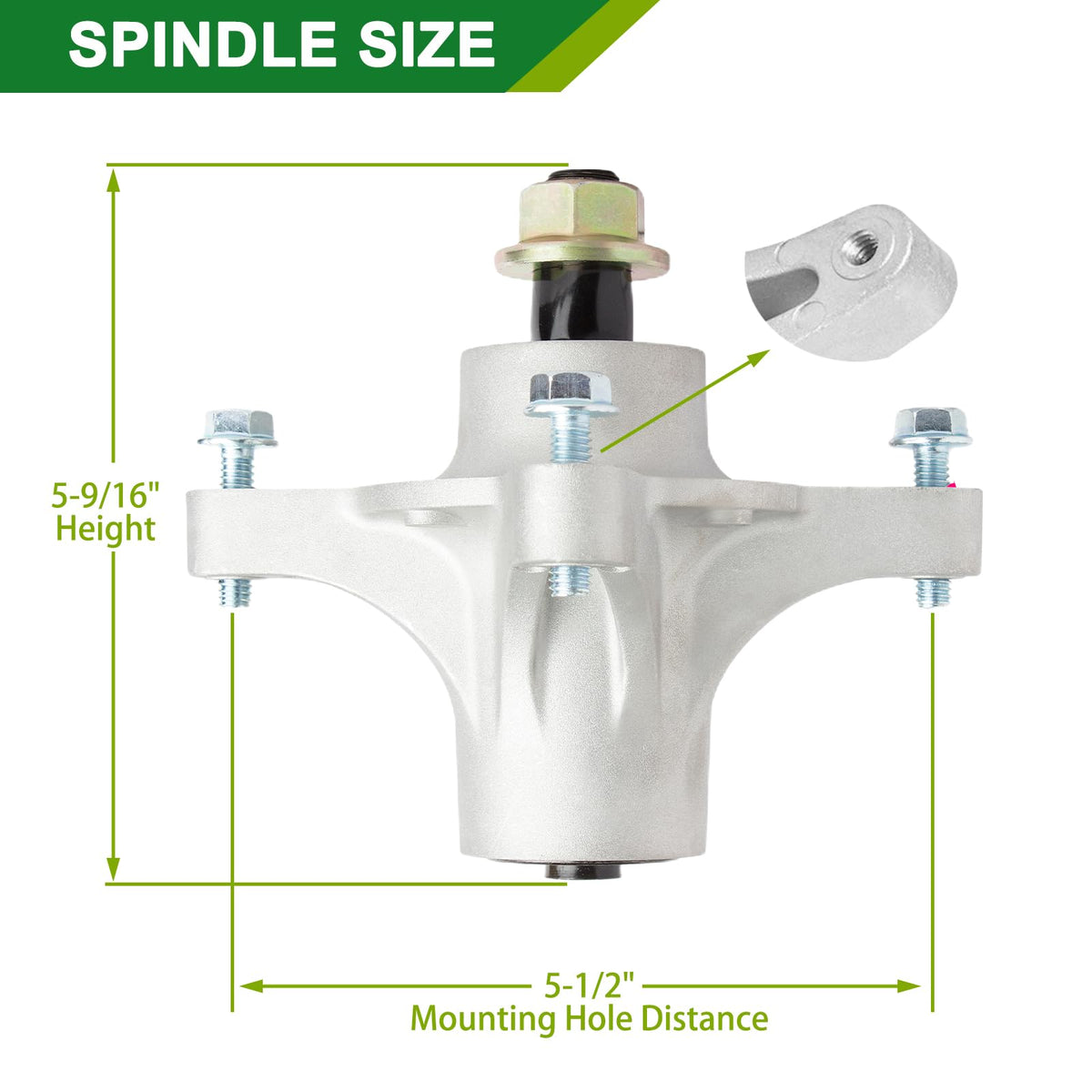 Close up of spindle housing showing durable metal construction for mower deck reliability.