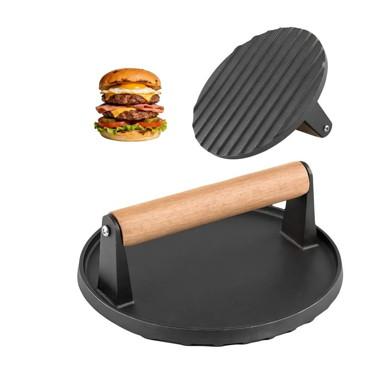 JSY Sun cast iron grill press with heavy duty construction for even searing.