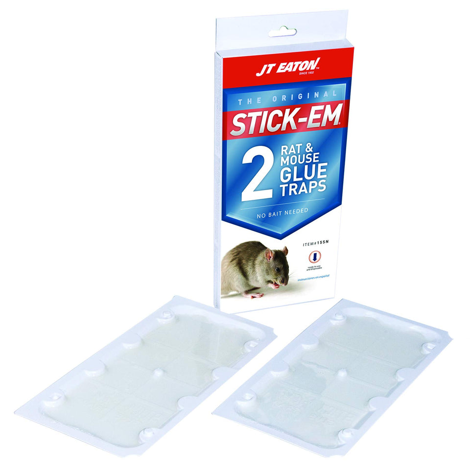 JT Eaton 155N Stick-Em glue trap captures rats and mice in a corner for mess-free pest control.