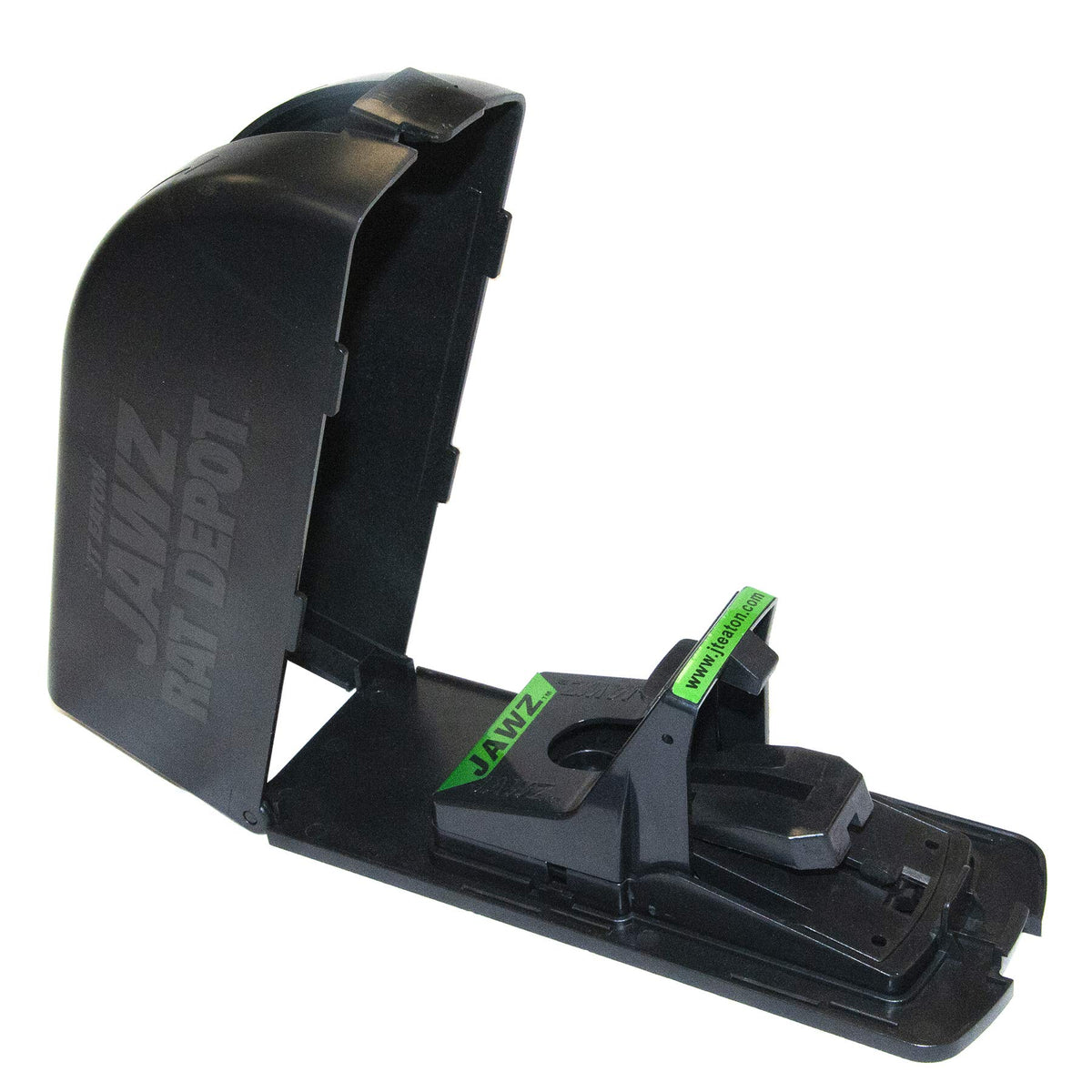 Protective cover on JT Eaton 408 Jawz Depot trap enabling mess-free disposal.