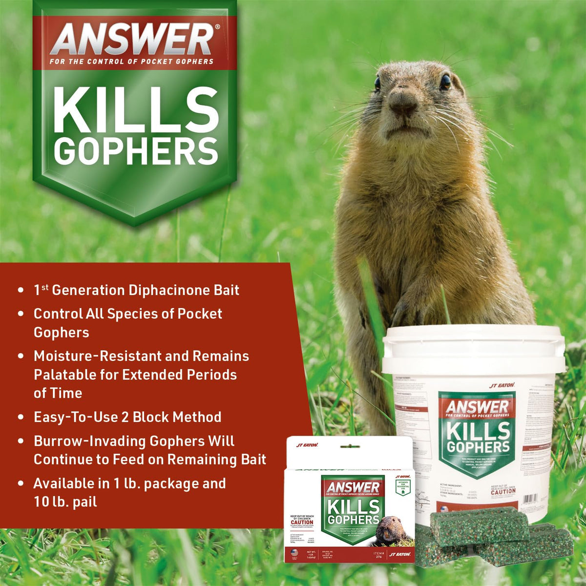 JT Eaton Answer Pocket Gopher Bait packaging ready for burrow placement