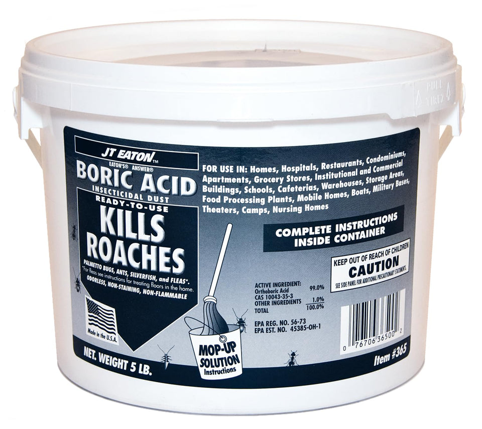 JT Eaton Answer boric acid dust shown in a 5 lb pail for long-lasting crawling insect control