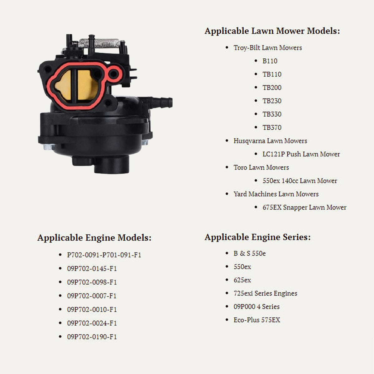 Jtron 799584 engine compatibility overview for select mowers.