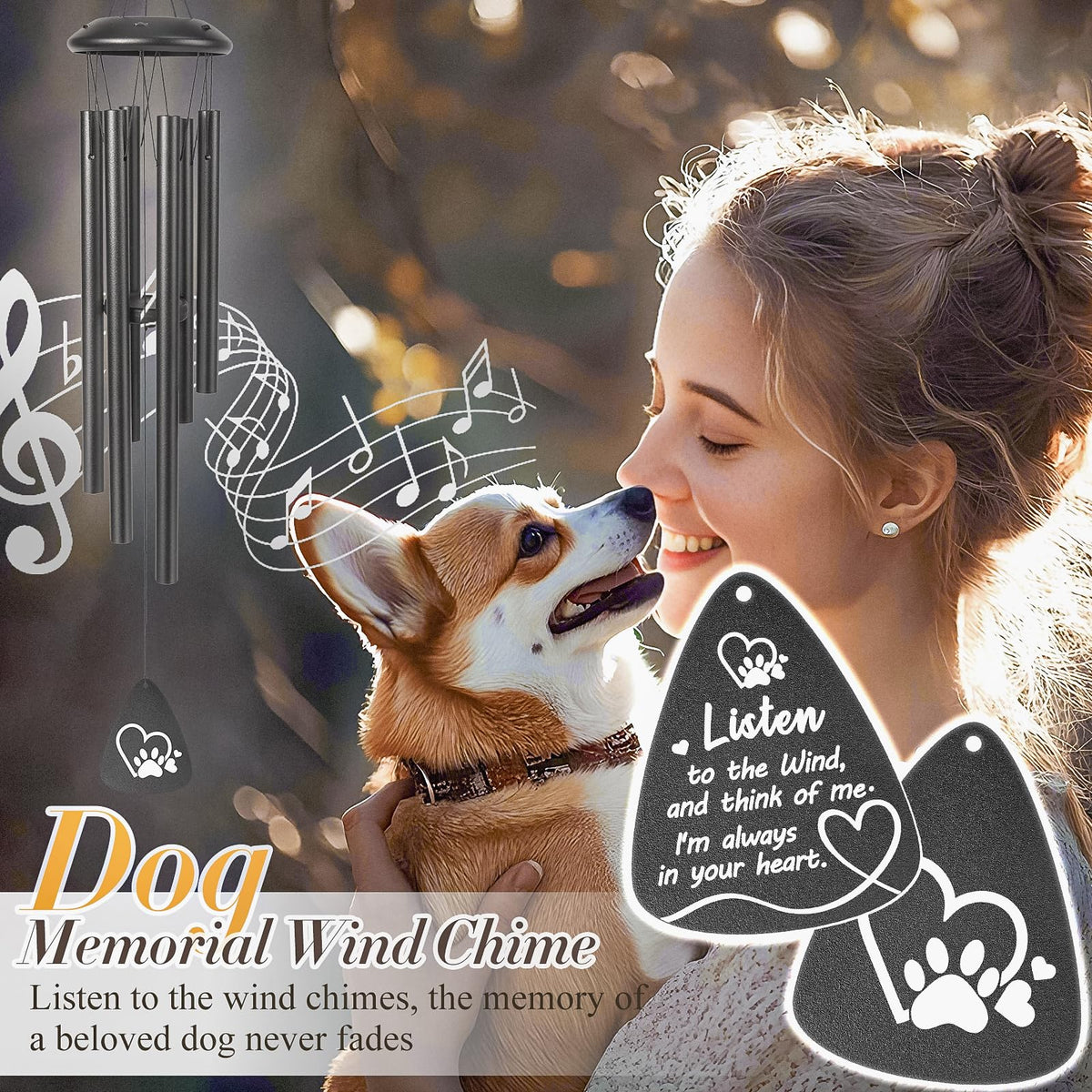 Jubilora dog memorial wind chime front view for outdoor remembrance