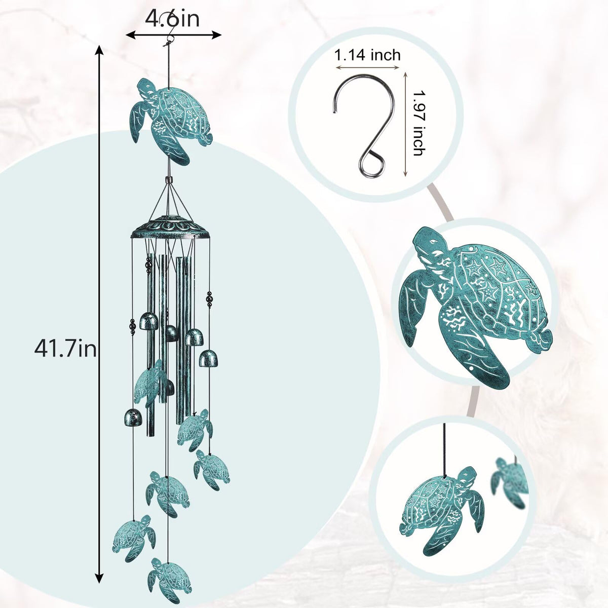 Jubilora Sea Turtle Wind Chimes aluminum tubes produce clear, deep outdoor melodies.