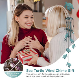 Jubilora Sea Turtle Wind Chimes marine blue finish evokes oceanic charm outside.