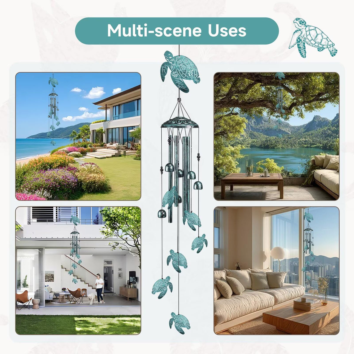 Jubilora Sea Turtle Wind Chimes suited for outdoor hanging on porch, garden, yard.