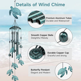 Jubilora Sea Turtle Wind Chimes with S-hook and copper cap for sturdy hanging.