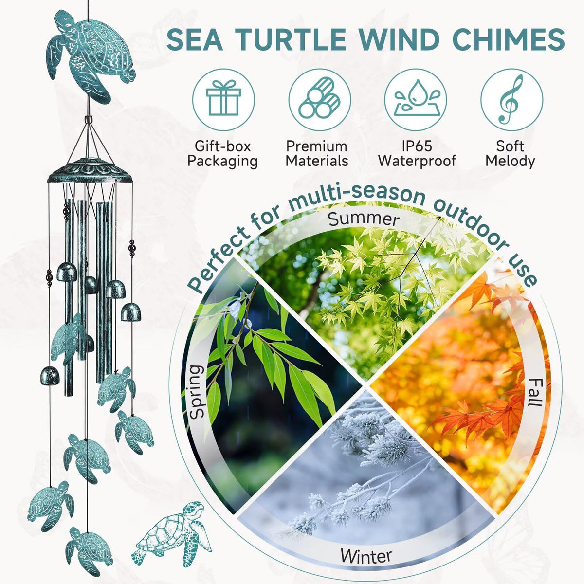 Jubilora Sea Turtle Wind Chimes with small turtles detail enhances patio decor.
