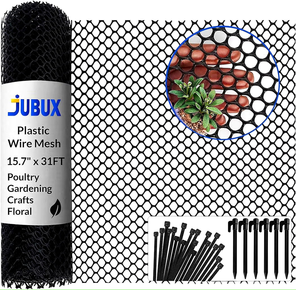 JUBUX plastic wire mesh fence 31ft roll offers extended outdoor coverage with fewer seams.