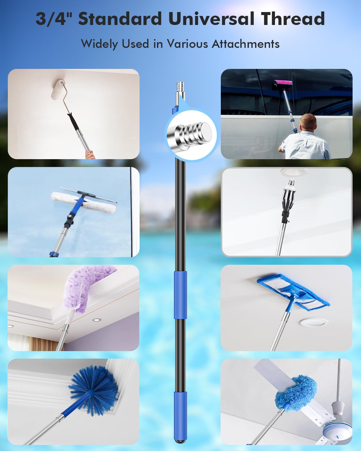 Juecity pool pole extends from 5 to 24 feet for varied pool sizes.