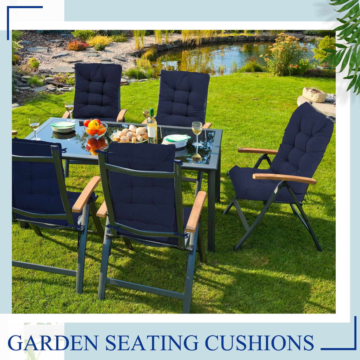 Juexica navy cushion dimensions illustrated for proper sizing guidance.
