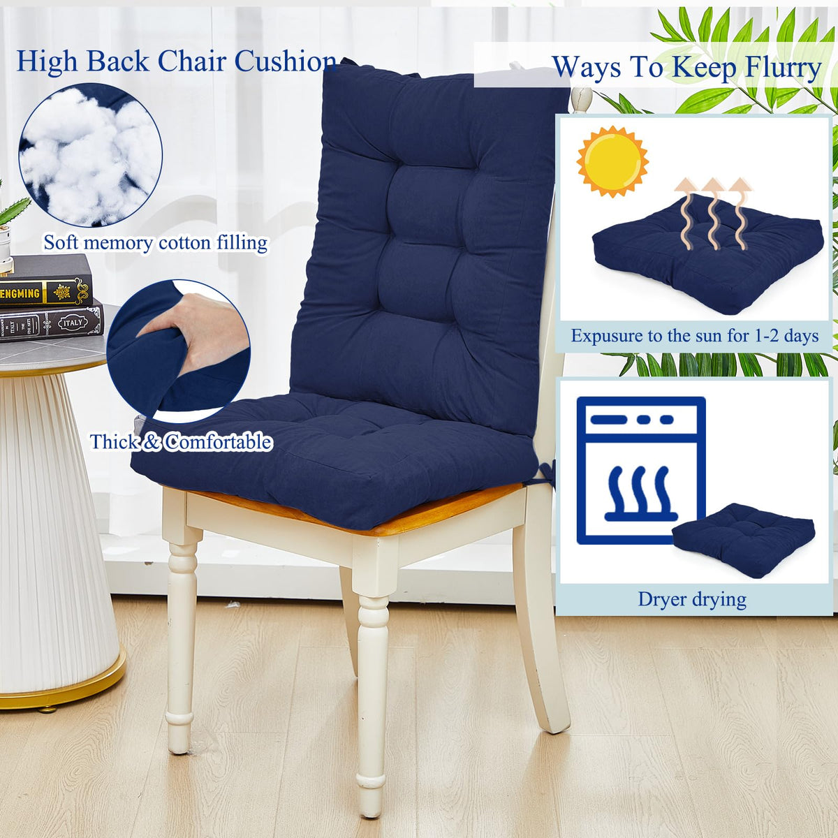 Juexica cushion with ties shown on chair for secure fit.
